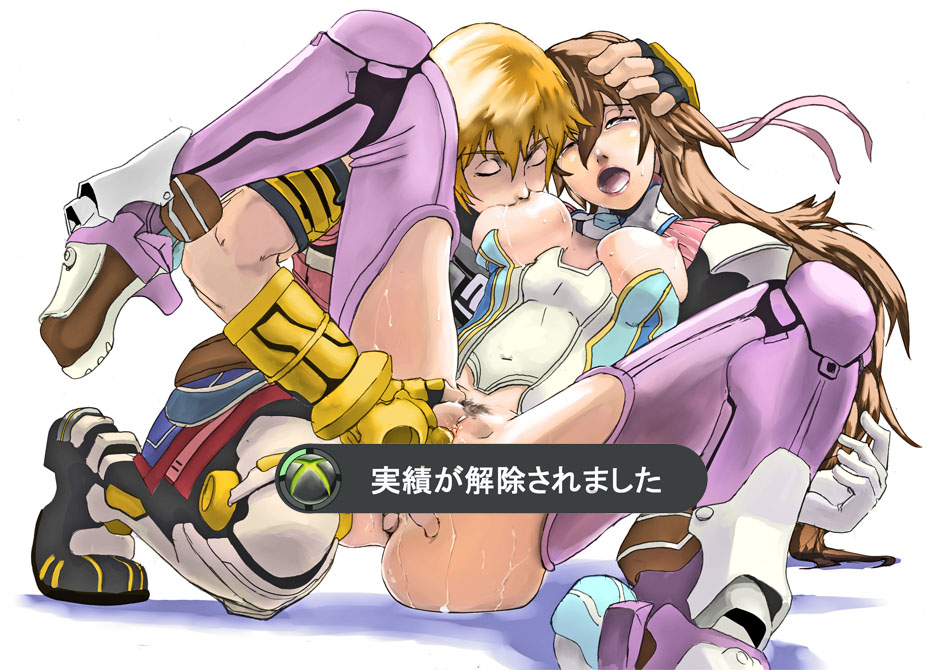1girl achievement_unlocked armor bike_shorts blonde_hair breast_sucking breasts brown_hair censored closed_eyes convenient_censoring cum edge_maverick fingering game_console large_breasts non-web_source pubic_hair saionji_reimi star_ocean star_ocean_the_last_hope sweat tears trophy xbox xbox_360