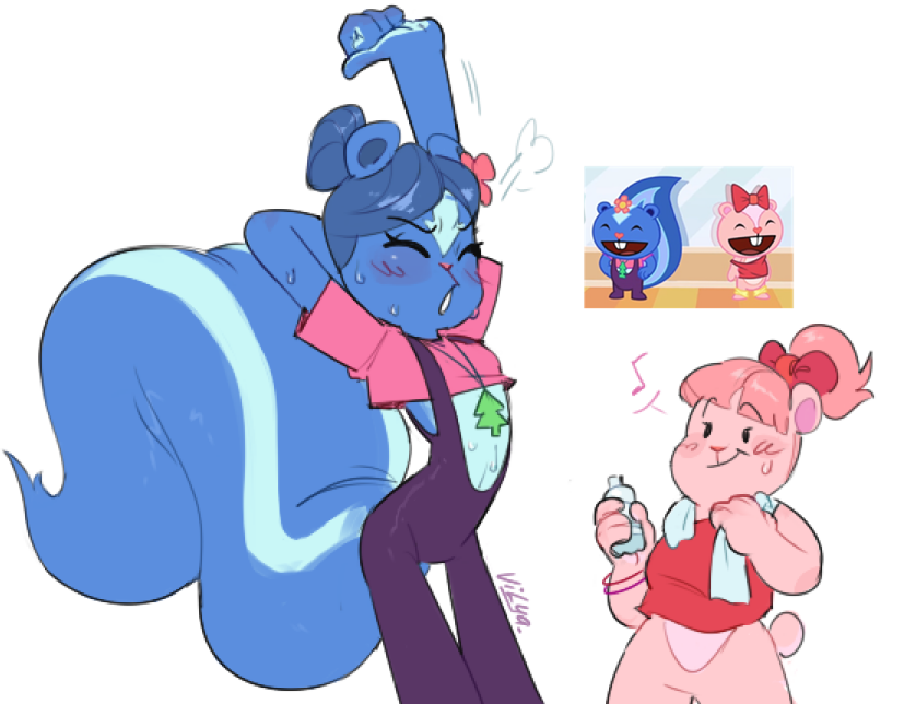 anthro blue_hair blush duo exercise eyes_closed female giggles_(htf) ground_squirrel hair happy_tree_friends mammal mephitid petunia_(htf) pink_hair ribbons rodent sciurid skunk stretching vilya water_bottle workout