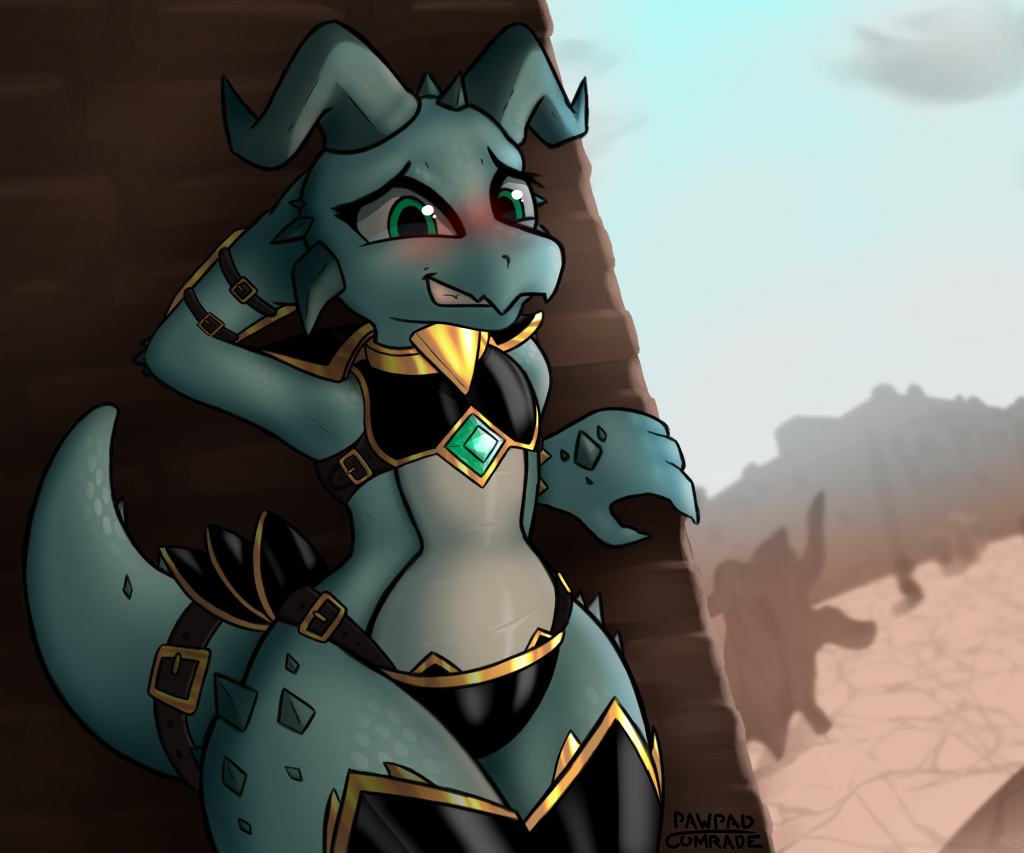 against_surface against_wall alley anthro armor belly blush claws clothed clothing embarrassed female flat_chested horn kobold looking_at_viewer pawpadcomrade plate_armor public shadow smile solo spikes spikes_(anatomy) unconvincing_armor