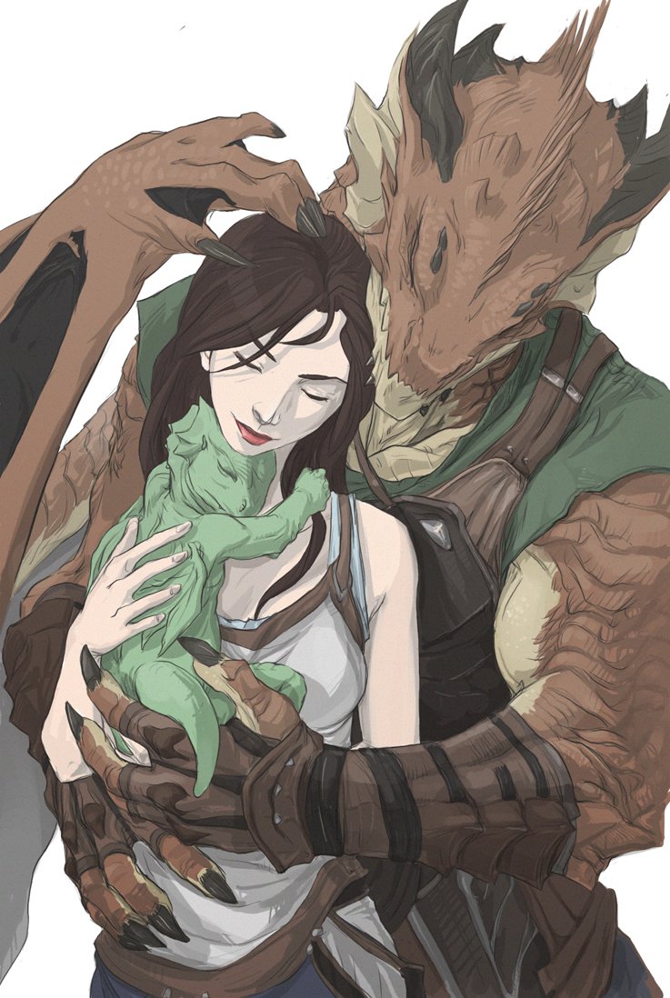 ambiguous_gender anthro armor baby chin_spikes clothed clothing cuddling dragonborn dungeons_and_dragons embrace eyes_closed facial_spikes father female female_on_anthro gauntlets gloves handwear hasbro holding_baby horn hug hugging_from_behind human human_on_anthro interspecies interspecies_relationship larger_anthro larger_male leather leather_armor male male/female male_on_human mammal mother muscular muscular_male nude parent romantic romantic_couple simple_background size_difference sleeveless_shirt smaller_female smaller_human spikes spikes_(anatomy) unrealien1 virginwhore white_background wings wizards_of_the_coast young