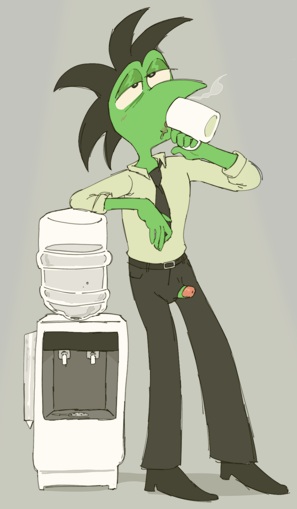 accidental_exposure anthro bob_vorsh_(jack) clothing container cup dinosaur genitals hi_res jack_(webcomic) male penis poking_out reptile scalie solo suit unaware vompossum wardrobe_malfunction water_cooler