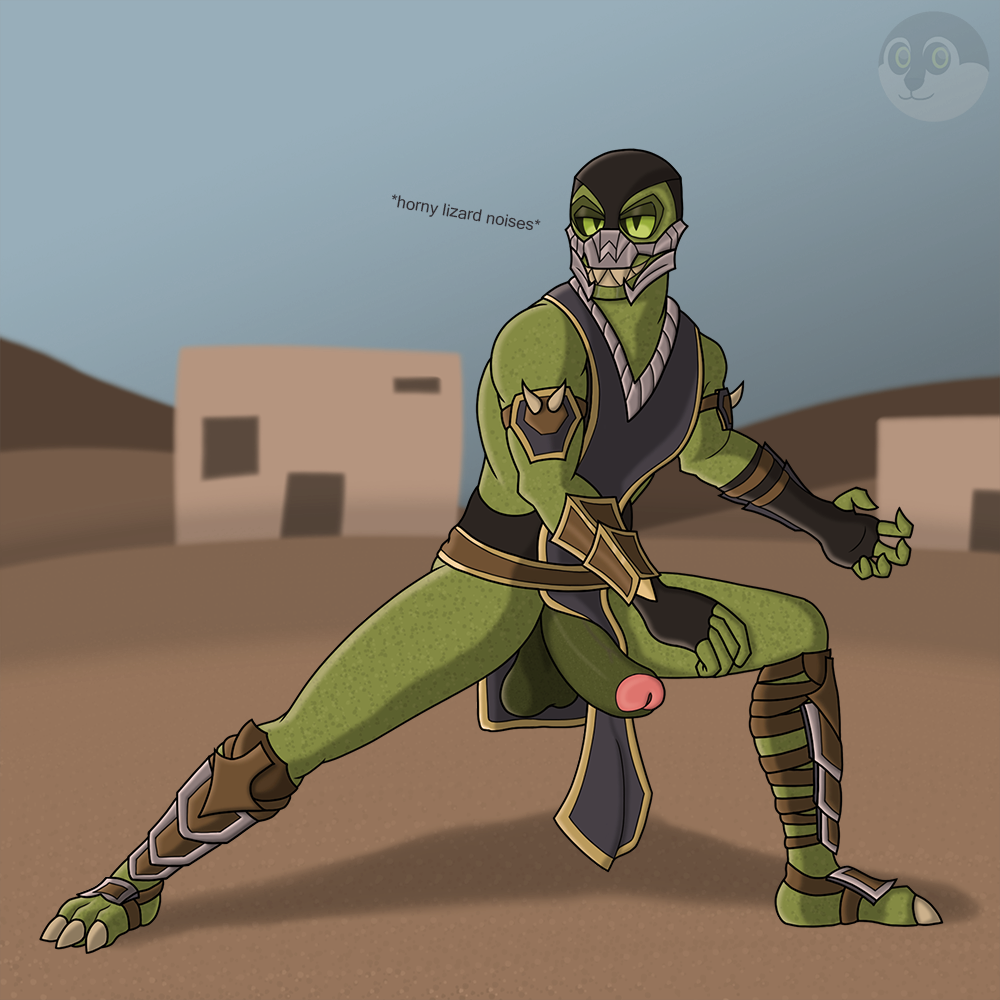 1:1 2021 3_toes 5_fingers anthro armor balls big_penis claws clothed clothing darkened_balls darkened_genitalia darkened_penis desert english_text erection feet fingers genitals glans gloves green_balls green_body green_eyes green_penis grin handwear humanoid_genitalia humanoid_penis lizard looking_at_viewer male mortal_kombat netherrealm_studios penis pink_glans pupils reptile reptile_(mortal_kombat) saurian_(mortal_kombat) scalie slit_pupils smile solo teeth text thehuskyk9_(artist) toe_claws toes video_games