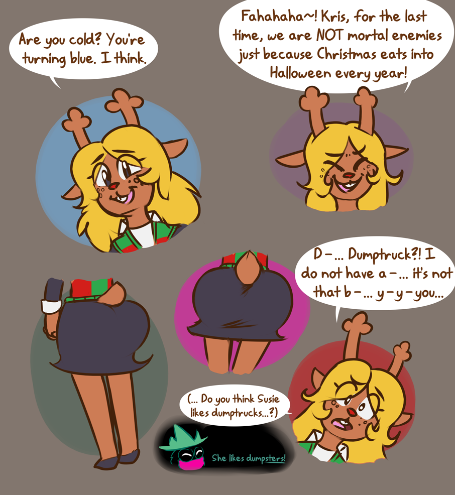 big_butt bottomwear bovid butt capreoline caprine cervid clothing deltarune english_text female goat male male/female mammal noelle_holiday norithics ralsei reindeer skirt text undertale_(series) video_games