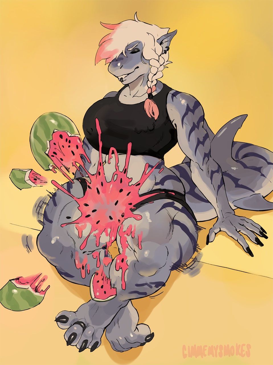 4_toes 5_fingers anthro athletic_wear claws digit_ring feet female finger_claws fingers fish food fruit gimmemysmokes hi_res jewelry marine melon muscular muscular_female plant ring shark solo toe_claws toe_ring toes watermelon watermelon_crushing