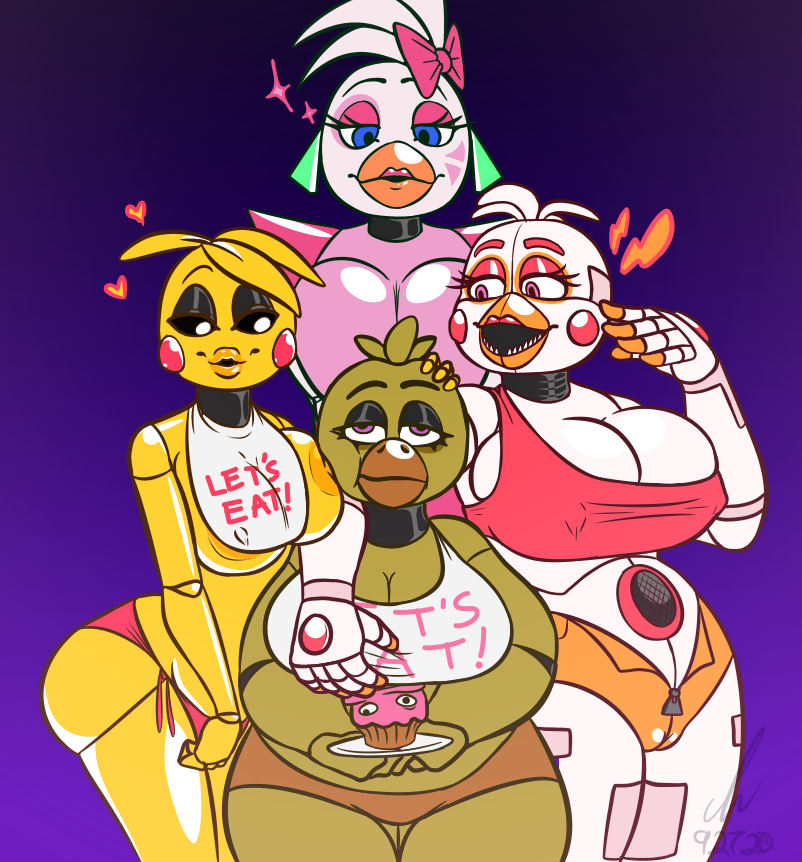 &lt;3 1:1 2020 alternate_form animatronic anthro anthrofied areola arm_around_shoulders avian beak beakless bib big_breasts bird blush blush_stickers bottomwear bow breast_grab breast_size_difference breast_squish breasts camel_toe chica_(fnaf) chicken cleavage clothed clothing cross-eyed digital_drawing_(artwork) digital_media_(artwork) eyeshadow female female/female five_nights_at_freddy's five_nights_at_freddy's:_security_breach five_nights_at_freddy's_2 freddy_fazbear's_pizzeria_simulator funtime_chica_(fnaf) galliform gallus_(genus) glamrock_chica_(fnaf) graciouslycurvaceous group group_picture hand_on_breast head_on_breast hotpants larger_female lips lipstick machine makeup mature_female nipple_outline non-mammal_breasts panties phasianid portrait purple_background robot shorts signature simple_background size_difference slightly_chubby smile squish teeth toothed_beak toy_chica_(fnaf) underwear unzipped_shorts video_games writing_(disambiguation)