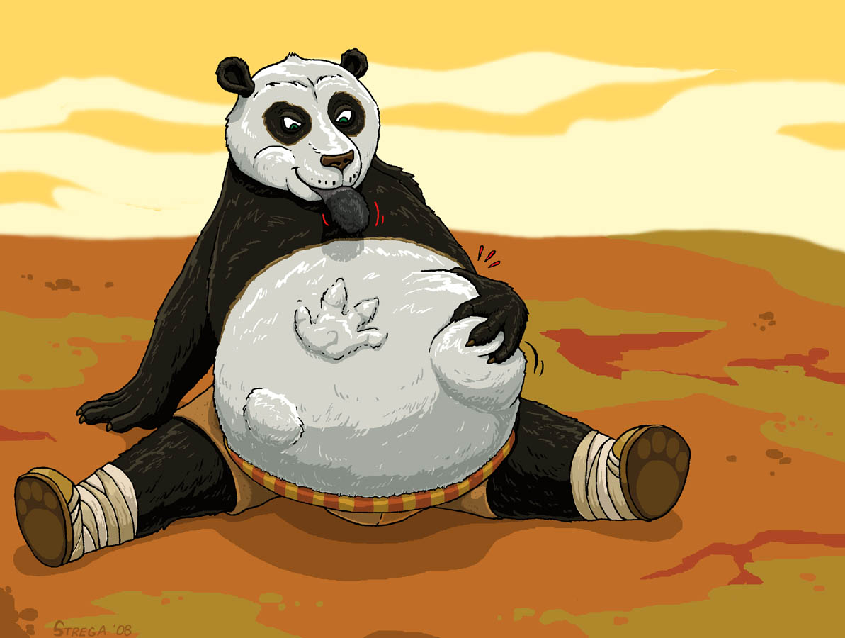 abdominal_bulge anthro belly big_belly bottomwear cheek_bulge clothing dreamworks duo felid footwear hand_on_ground hand_on_stomach hand_print kung_fu_panda leaning leaning_back legband looking_at_belly looking_pleasured male male/male mammal master_po_ping oral_vore pantherine pants shoes sitting smile smirk snow_leopard soft_vore strega stuffed_belly tai_lung_(kung_fu_panda) tail_motion tail_outside_mouth tailwag ursid ursine vore