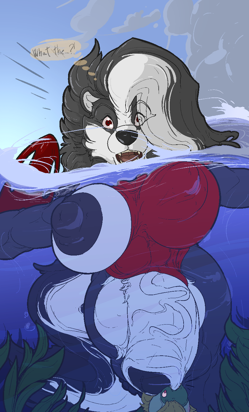 anthro big_breasts breasts clothing genitals herm hi_res huge_breasts hyper hyper_breasts hyper_genitalia intersex mammal megfluff mephitid skunk skunkette skunkette_(megfluff) solo suit swimming toony underwater water wet