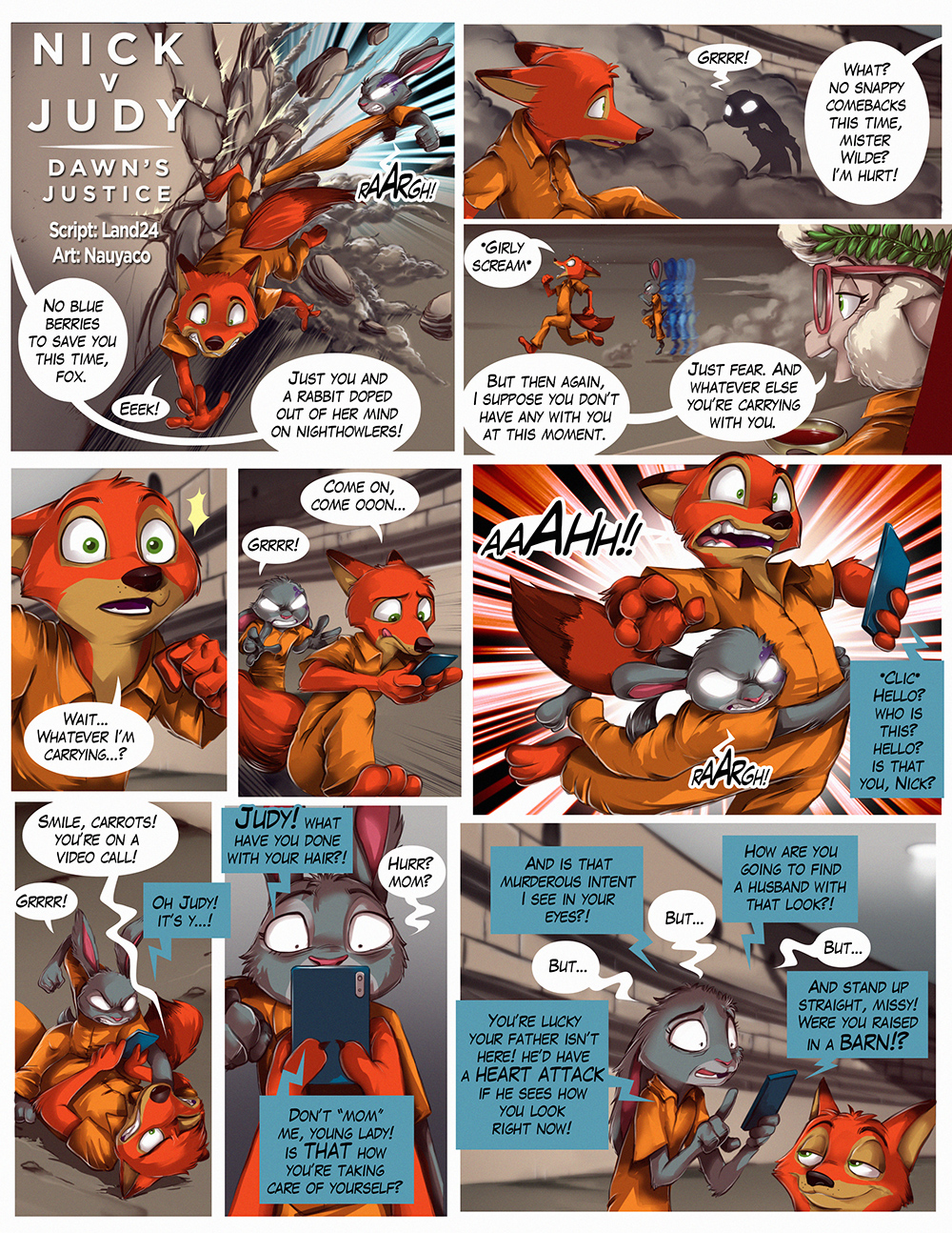 anthro bonnie_hopps bovid canid canine caprine cellphone comic dawn_bellwether dialogue disney english_text eyewear female fox glasses glowing glowing_eyes greeting hi_res judy_hopps lagomorph leporid male mammal nauyaco nick_wilde phone prison_jumpsuit rabbit sheep smartphone speech_bubble tackle text white_eyes zootopia