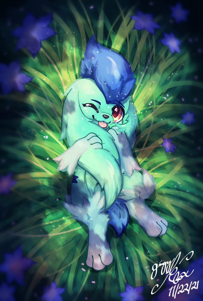 blue_body blue_fur flower fluffy fur gingy_k_fox legendary_pok&eacute;mon looking_at_viewer markings nintendo outside plant pok&eacute;mon pok&eacute;mon_(species) red_eyes shaymin sky_forme_shaymin video_games