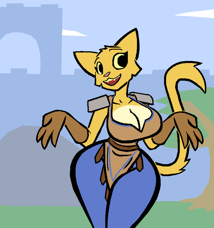 animated anthro aygee bethesda_softworks big_breasts breast_jiggle breast_sway breasts cleavage clothed clothing dialogue domestic_cat english_text felid feline felis female fur huge_breasts huge_hips katia_managan khajiit mammal prequel short_playtime text the_elder_scrolls thick_thighs tiny_waist video_games webcomic webcomic_character wide_hips yellow_body yellow_fur