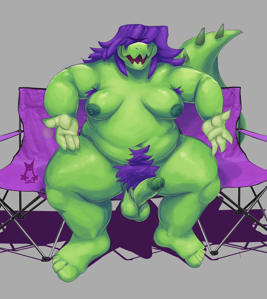 anthro balls belly big_balls big_belly big_breasts big_tail breasts claws crocodilian deep_navel epitaphkho_(artist) erection folding_chair front_view genitals green_body green_scales green_spines gynomorph hair hair_over_eyes humanoid_genitalia humanoid_penis intersex looking_at_viewer love_handles mercedes_(epitaphkho) navel nipples non-mammal_breasts non-mammal_nipples nude obese obese_anthro obese_gynomorph obese_intersex obscured_eyes open_mouth overweight overweight_anthro overweight_gynomorph overweight_intersex penis presenting presenting_penis pubes purple_hair purple_pubes reptile scales scalie sharp_teeth simple_background sitting solo spread_legs spreading tail_spines teeth thick_tail thick_thighs vein veiny_penis wide_hips