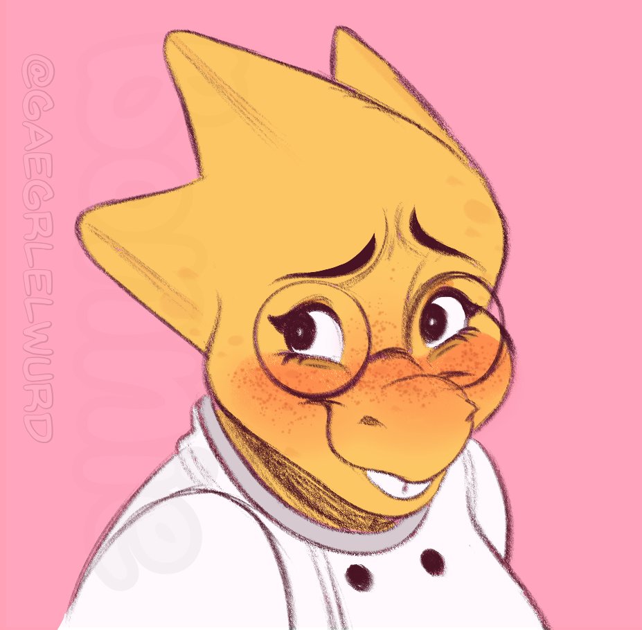 alphys anthro blush buckteeth bust_portrait clothed clothing coat english_text eyewear female freckles gaegrlelwurd glasses lab_coat lizard looking_aside portrait reptile scales scalie signature simple_background smile solo teeth text topwear undertale undertale_(series) video_games wavy_mouth wavy_smile yellow_body yellow_scales