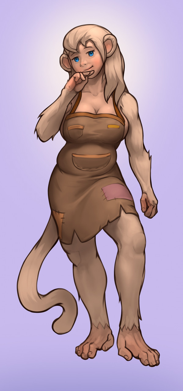 2021 adelaide anthro big_breasts blonde_hair blue_eyes breasts cleavage clothed clothing eyebrows female fur gradient_background grin hair haplorhine hi_res looking_at_viewer mammal mature_female monkey pimpartist primate simple_background slightly_chubby smile solo standing