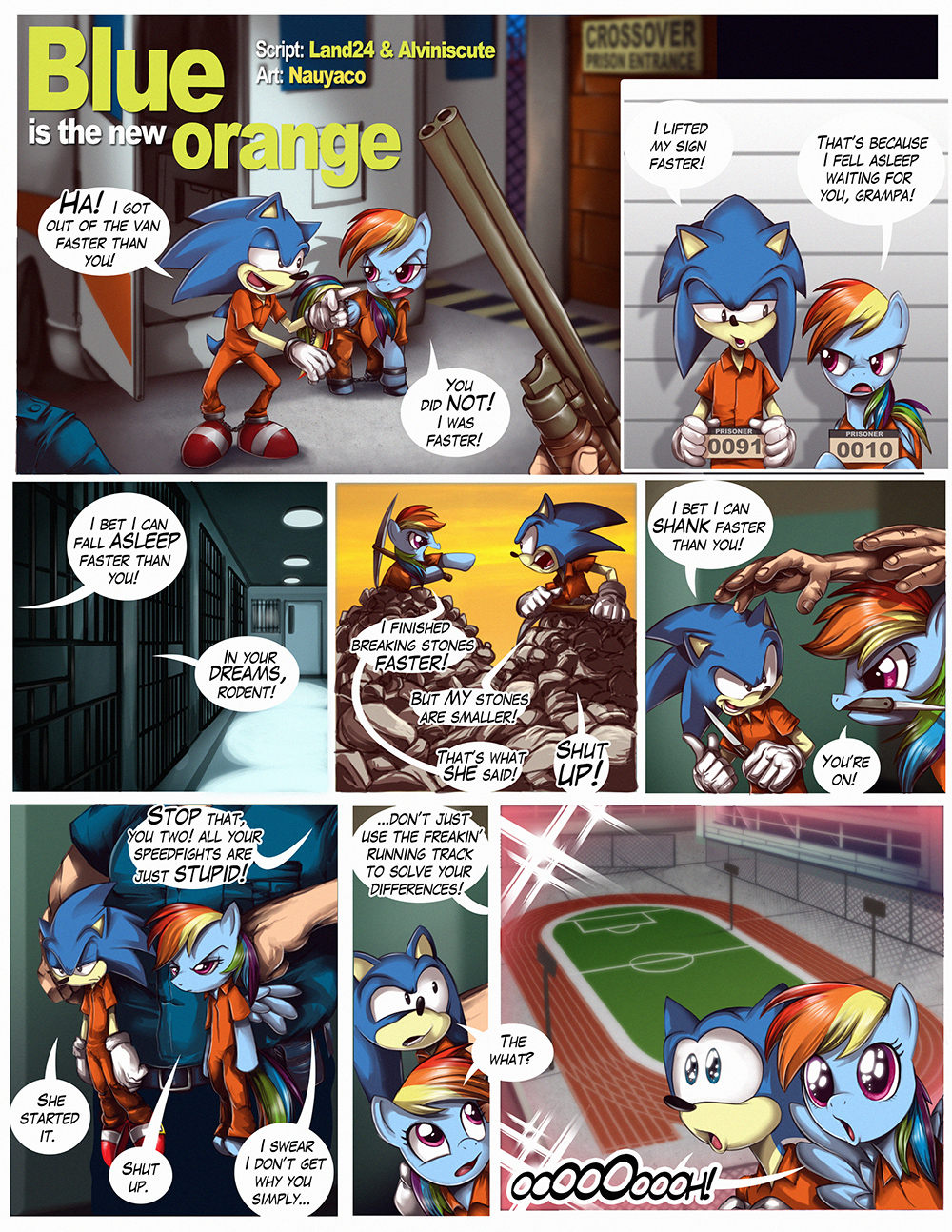 anthro arena comic dialogue english_text equid equine eulipotyphlan female feral friendship_is_magic guard hasbro hedgehog hi_res horse human male mammal my_little_pony nauyaco pegasus pony prison prison_jumpsuit rainbow_dash_(mlp) sega sonic_the_hedgehog sonic_the_hedgehog_(series) speech_bubble text wings