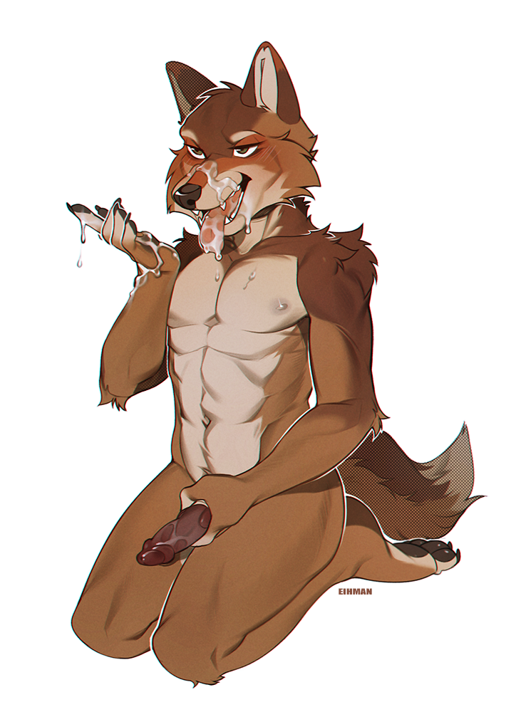 2021 5_fingers anthro bodily_fluids brown_body brown_fur canid canine cum digital_media_(artwork) eihman fingers fur genital_fluids kneeling male mammal nude open_mouth smile teeth tongue