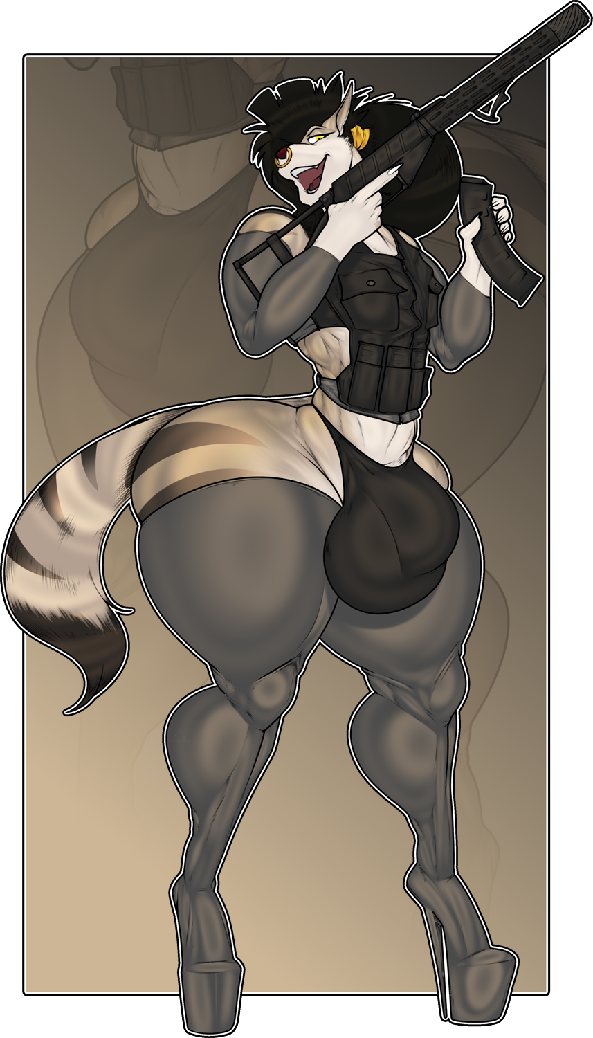 alpha_channel anthro bulge bulletproof_vest canid canine clothing facial_piercing hair hi_res high_heels legwear looking_at_viewer male mammal nolollygagging nose_piercing nose_ring open_mouth piercing platform_footwear platform_heels ponytail reloading solo squish thigh_highs weapon