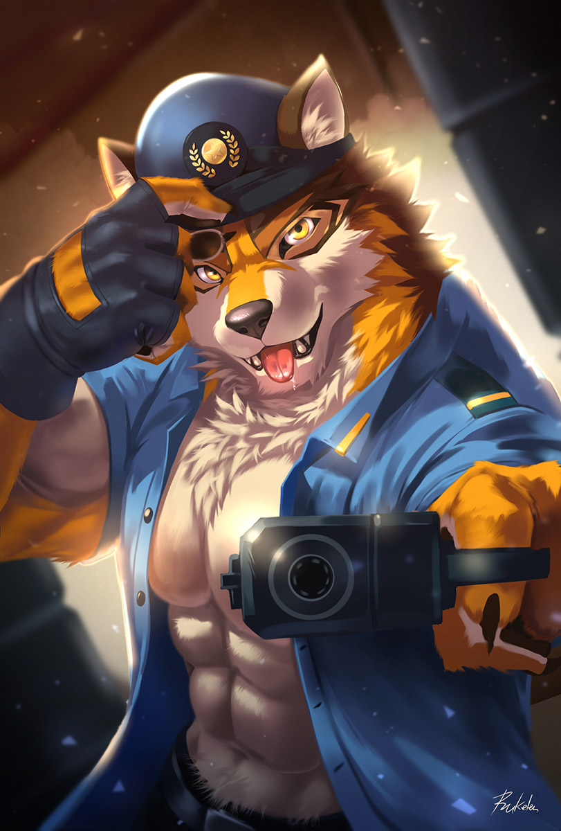 abs anthro bare_chest barrel_(live-a-hero) canid canine canis clothed clothing fingerless_gloves gloves gun handgun handwear hi_res lifewonders live-a-hero male mammal muscular muscular_anthro muscular_male open_clothing open_shirt open_topwear pecs pistol police_hat police_uniform ranged_weapon rukelen shirt solo tongue tongue_out topwear uniform video_games weapon wolf yellow_eyes