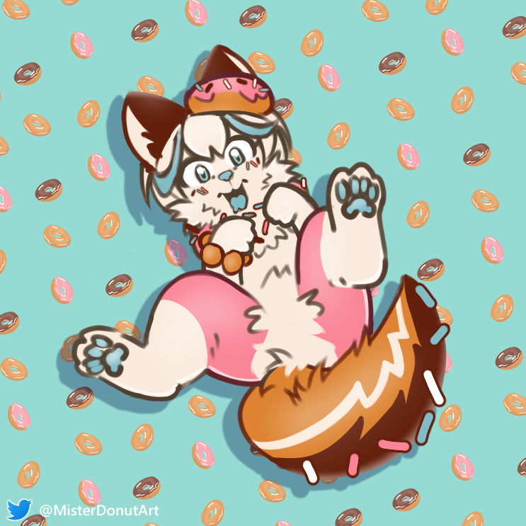 1:1 abstract_background ambiguous_gender anthro clothing dessert doughnut food footwear fur looking_at_viewer lying mammal misterdonut on_back open_mouth pawpads paws pink_body pink_fur socks solo
