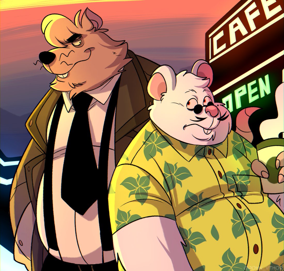 2021 anthro black_nose brown_body brown_fur clothing duo fur humanoid_hands john_vithor male mammal mouse murid murine necktie outside overweight overweight_male pink_nose rat rodent shirt suspenders topwear white_body white_fur