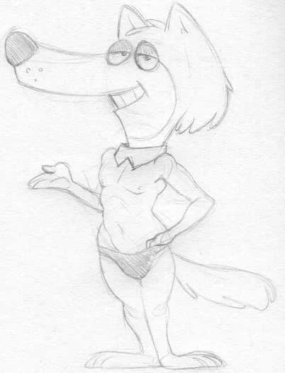 anthro canid canine canis clothing fingers half-closed_eyes hanna-barbera head_tuft it's_the_wolf jellystone_(hbo_max) looking_at_viewer male mammal mildew_wolf monochrome mostly_nude narrowed_eyes nipples sbshouseofpancakes sketch smile solo standing traditional_media_(artwork) tuft underwear wolf