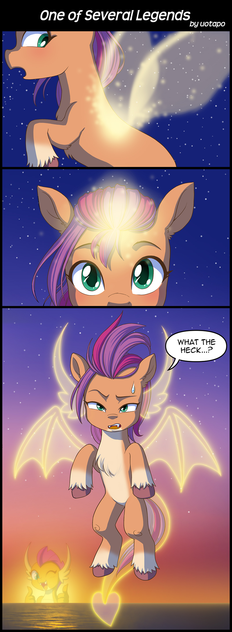 dialogue dragon english_text equid equine ethereal_horn ethereal_wings fangs flying friendship_is_magic gesture hasbro hi_res hooves horn horse mammal membrane_(anatomy) membranous_wings mlp_g5 my_little_pony one_eye_closed pony smolder_(mlp) sunny_starscout_(mlp) text thumbs_up uotapo wings wink