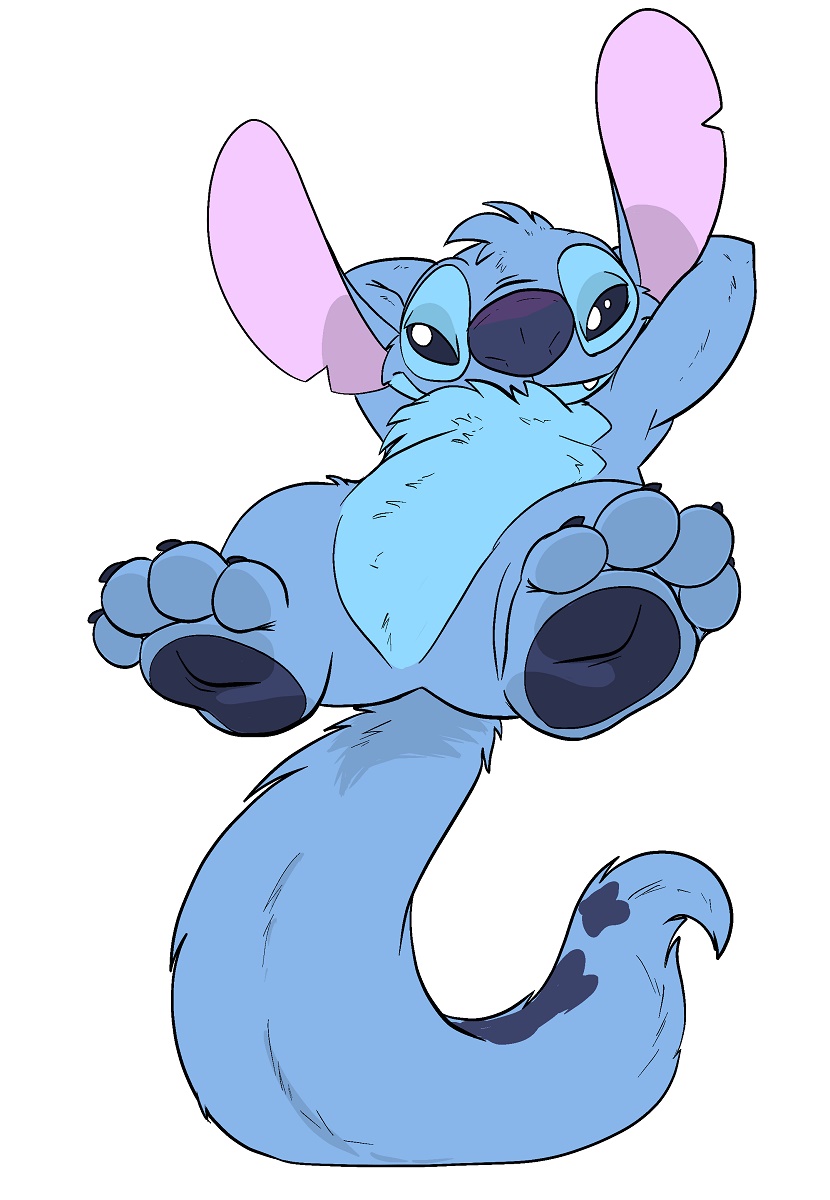 2021 4_toes alien alternate_form blue_body blue_fur blue_nose blue_pawpads claws cute_fangs disney dylbun experiment_(lilo_and_stitch) feet fur hands_behind_head head_tuft hi_res lidded_eyes lilo_and_stitch long_tail looking_at_viewer markings notched_ear pawpads paws simple_background solo standing_on_tail stitch_(lilo_and_stitch) tail_markings toe_claws toes tuft white_background