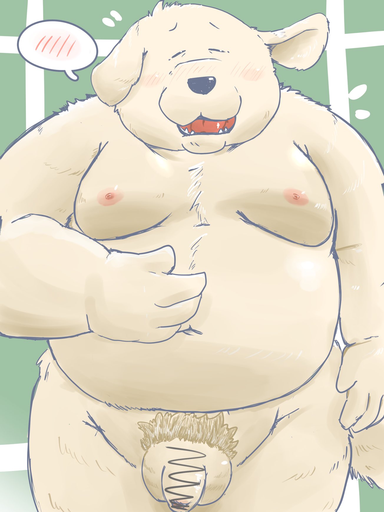 2021 anthro balls belly blush canid canine canis censored dain_4201 domestic_dog eyes_closed flaccid genitals hi_res humanoid_genitalia humanoid_hands humanoid_penis kemono male mammal moobs navel nipples overweight overweight_male penis solo