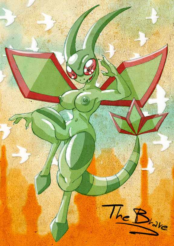 breasts flygon full_body furry gen_3_pokemon large_breasts looking_at_viewer nipples no_humans nude personification pokemon signature solo thebrave