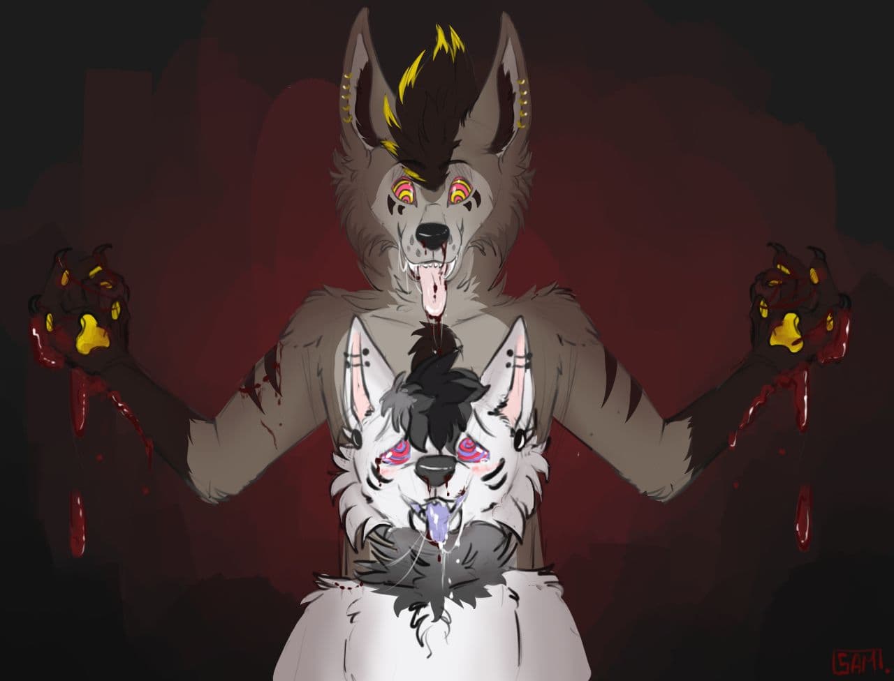 anthro blood bodily_fluids canid canine canis digital_media_(artwork) dominant drooling duo fluffy fur gore hair hyaenid hypnosis male male/male mammal mind_break mind_control open_mouth saliva samuel_(disambiguation) samuelwolfo simple_background slyepoi smile tongue tongue_out wolf