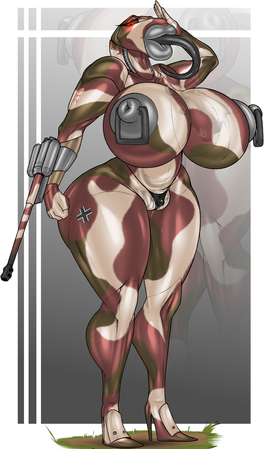 alpha_channel anthro arm_cannon big_breasts big_butt bodily_fluids breasts butt camel_toe camo clitoris_outline clothing female genital_fluids gesture glowing glowing_eyes grey_lips hi_res high_heels huge_breasts hyper hyper_lips lips living_machine living_tank living_vehicle long_tongue machine monika_(bigm23x) nipple_piercing nipples nolollygagging piercing pussy_juice red_eyes saliva saliva_string salute solo solo_focus tank thick_lips thick_thighs thong thong_only tongue underwear vehicle