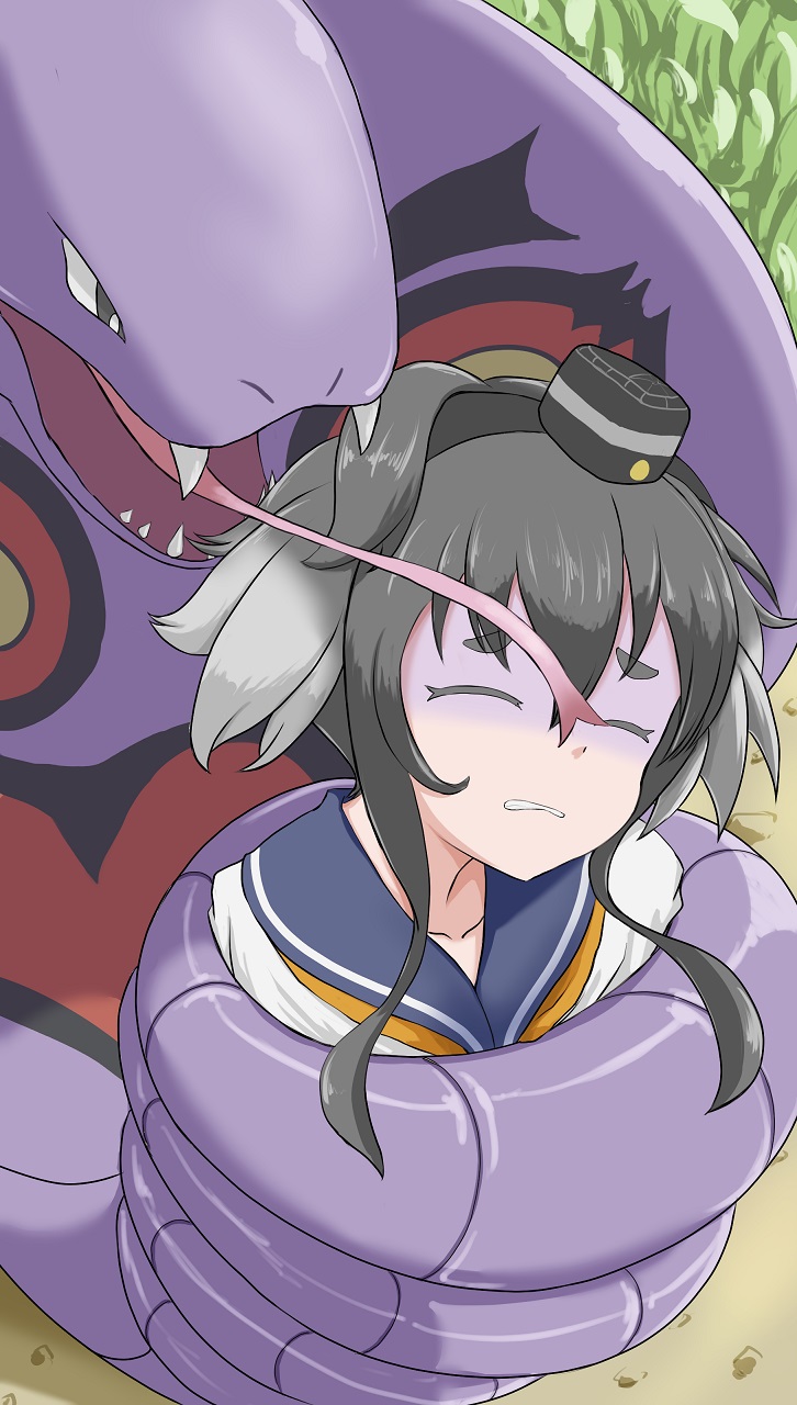 ambiguous_gender arbok clothing coiling duo eyebrows eyelashes eyes_closed fangs female feral grey_hair hair hi_res human kancolle kantai_collection long_tongue mammal messy_illust nintendo open_mouth pok&eacute;mon pok&eacute;mon_(species) school_uniform snake_hood tokitsukaze_(kancolle) tongue tongue_out uniform video_games