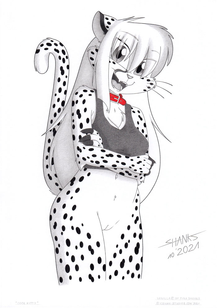 2021 anthro belly bottomless cheetah clothed clothing collar felid feline felis female genitals hair long_hair mammal navel no_underwear nude pussy solo tirashanks_(artist) toony vanilla_(tirashanks)