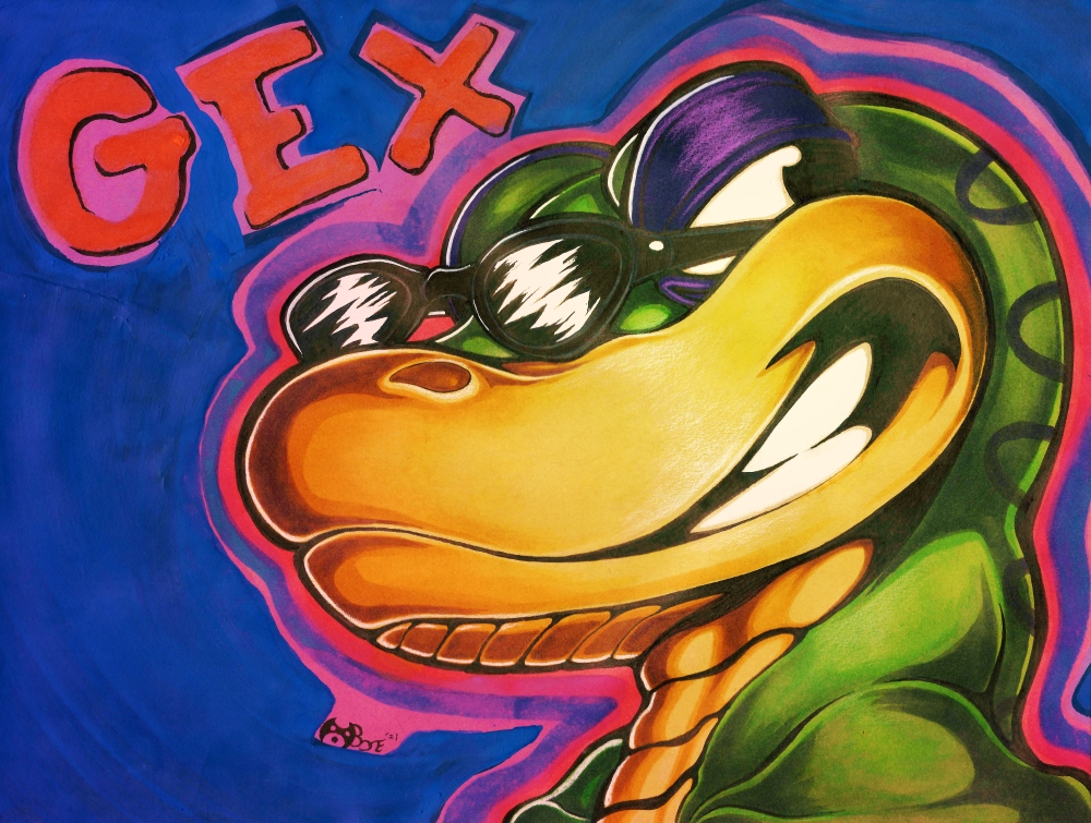 90's anthro boneitis colored_pencil_(artwork) copic eyewear gecko gex_(series) gex_the_gecko gouache_(artwork) leering lizard looking_back male marker_(artwork) painting_(artwork) reptile saturated_colors scalie smile smirk solo sunglasses traditional_media_(artwork) video_games