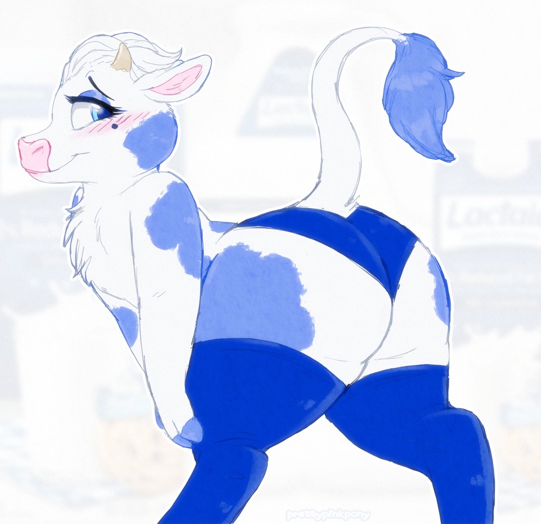 2021 anthro big_butt blue_body blue_fur blush bottomwear bovid bovine butt cattle clothed clothing eyebrows eyelashes eyeliner female fur hair holstein_friesian_cattle horn lactaid lactaid_cow legwear looking_at_viewer makeup mammal markings mascot mole_(marking) prettypinkpony solo standing thigh_highs topless white_body white_fur white_hair
