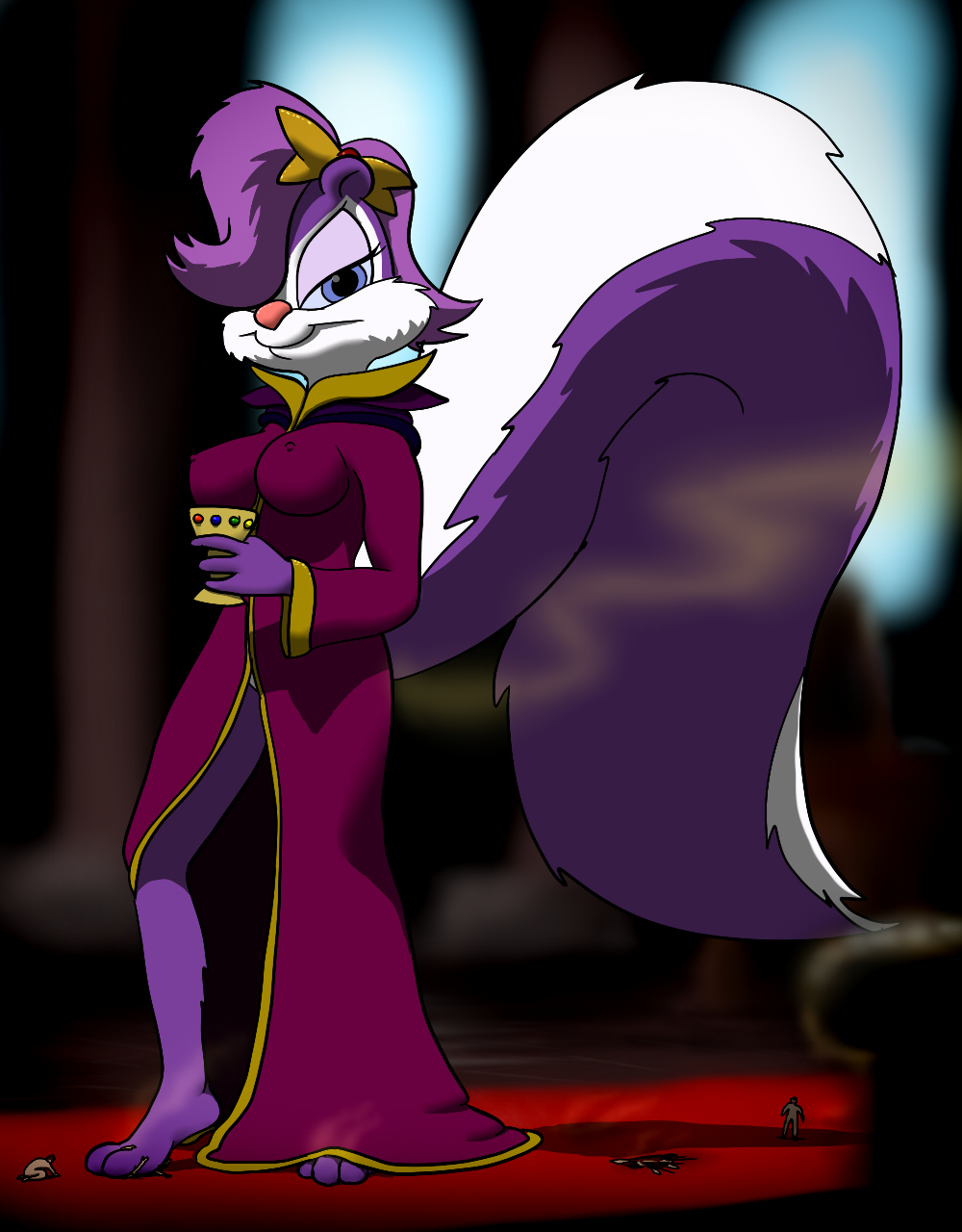 2012 anthro blurred_background clothing crush death female fifi_la_fume filthy fur hi_res holding_goblet huge_tail looking_at_viewer mammal mephitid micro nipple_outline pheromones pinned purple_body purple_clothing purple_fur robe skunk snuff tiny_toon_adventures underfoot visible_stench warner_brothers xtreme7