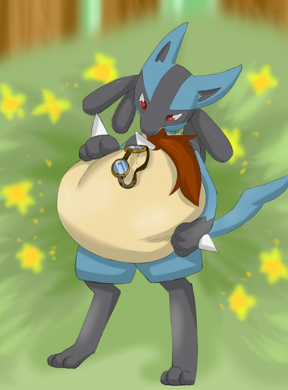 abdominal_bulge ambiguous_gender ambiguous_pred anonymous_artist anthro anthro_pred brown_hair eyewear feral feral_prey goggles hair hasbro hi_res horse_tail lucario male male_prey my_little_pony nintendo oral_vore pok&eacute;mon pok&eacute;mon_(species) same_size_vore seaward_skies video_games vore