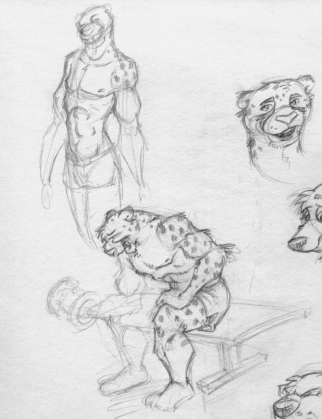 2001 anthro bench biped bottomwear cheetah circles_(comic) clothed clothing elbow_tuft exercise felid feline fur greyscale group hi_res k-9 ken_brassai male mammal monochrome muscular muscular_anthro muscular_male nipples open_mouth plantigrade shorts shorts_only sitting sitting_on_bench sketch sketch_page smile solo_focus spots spotted_body spotted_fur topless topless_anthro topless_male traditional_media_(artwork) weightlifting weights workout