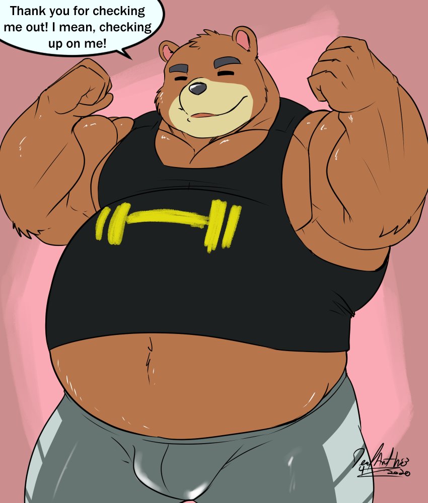 2020 animal_crossing anthro belly black_nose bottomwear brown_body bulge clothing deadanthro english_text eyes_closed humanoid_hands male mammal musclegut nintendo overweight overweight_male pants shirt simple_background solo tank_top teddy_(animal_crossing) text topwear ursid video_games