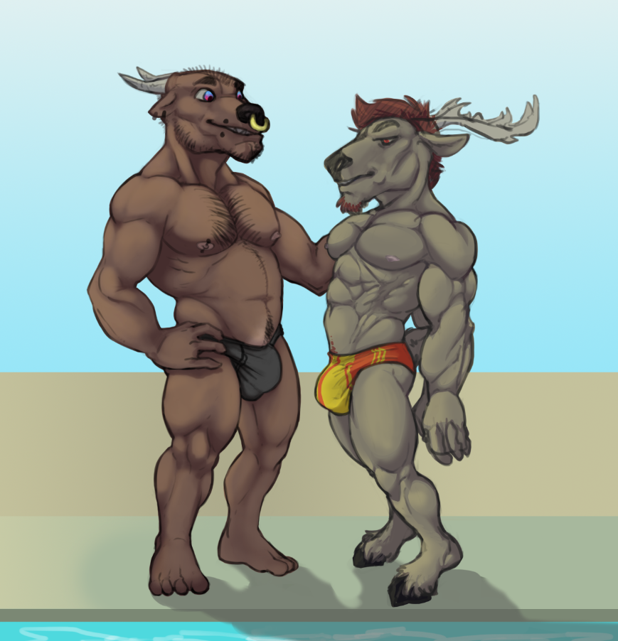 2016 4_fingers 4_toes anthro anthro_on_anthro antlers barefoot belly big_bulge big_muscles black_briefs black_hooves black_nose black_piercing black_ring blue_eyes blue_sky body_hair bovid bovine briefs_only bristol brown_arms brown_beard brown_belly brown_chest brown_ears brown_face brown_feet brown_fingers brown_hair brown_hands brown_legs brown_neck brown_toes bulge cattle cervid chest_hair clothed clothed_anthro clothed_male clothing colored day detailed_background digital_drawing_(artwork) digital_media_(artwork) duo ear_piercing ear_ring eyebrows facial_hair facial_piercing feet fingers full-length_portrait fur goatee gold_(metal) gold_jewelry gold_ring gradient_eyes grey_arms grey_belly grey_body grey_chest grey_eyebrows grey_face grey_fingers grey_fur grey_hands grey_legs grey_neck grey_tail hair half-closed_eyes hand_on_arm happy_trail hooves horn humanoid_hands interspecies jewelry leg_tuft light looking_down looking_down_at_partner male male/male male_anthro mammal manly multicolored_eyes musclegut muscular muscular_anthro muscular_male narrowed_eyes navel nipple_barbell nipple_piercing nipples nose_piercing nose_ring open_mouth open_smile orange_speedo outside piercing pink_eyes plantigrade pool_(disambiguation) portrait pubes public red_eyes serratus shaded shadow sharp_teeth skimpy sky smile standing tail_tuft teeth toes topless topless_anthro topless_male tuft two_tone_eyes two_tone_speedo water white_antlers yellow_speedo