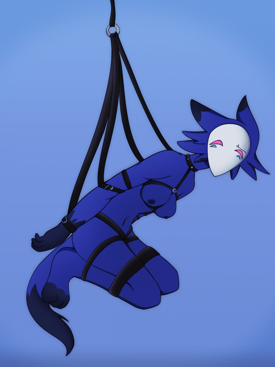 anthro arctic_fox bdsm belt bound breasts canid canine collar female floating fox frogtied harness hi_res legs_tied mammal mask restraints shackles solo waitressceline