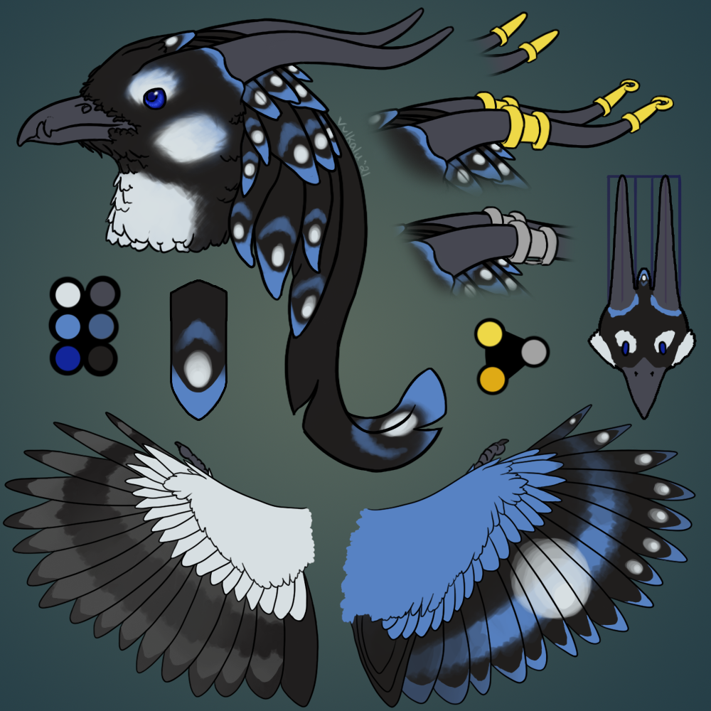 1:1 2021 ambiguous_gender anthro avian beak bird black_body black_claws black_feathers black_markings black_wings blue_body blue_eyes blue_feathers blue_markings blue_wings claws color_swatch corvid countershade_neck countershading facial_markings feather_hair feathered_wings feathers gold_(metal) gold_jewelry gradient_background grey_beak grey_body grey_feathers grey_horn grey_markings grey_wings head_horn head_markings headshot_portrait horn horn_jewelry horn_ring jagged_mouth jay_(bird) jewelry long_horn lu'ari magpie-jay markings model_sheet monotone_beak monotone_horn multicolored_body multicolored_feathers multicolored_wings new_world_jay oscine passerine portrait pseudo_hair ring_(jewelry) side_view signature silver_(metal) silver_jewelry simple_background smooth_horn solo spread_wings toothed_beak vulkalu white_body white_countershading white_feathers white_markings white_wings wing_claws wing_markings wings