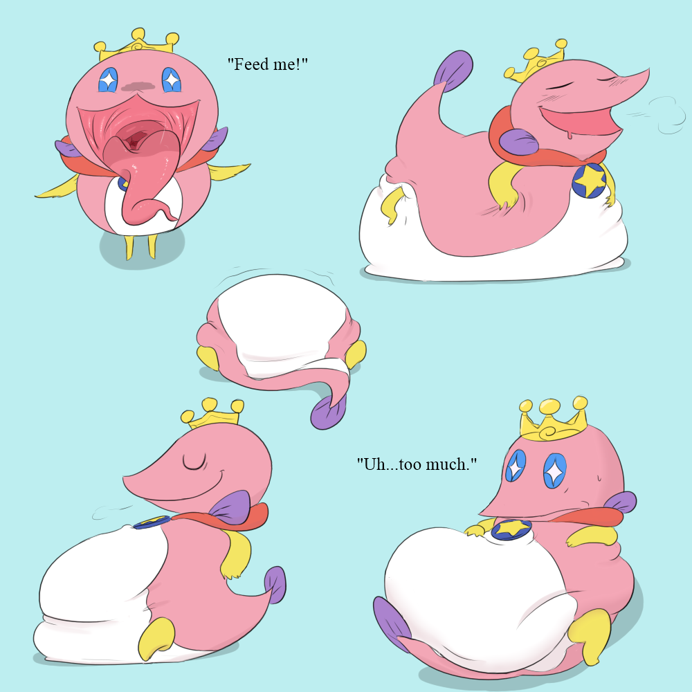1:1 abdominal_bulge belly big_belly blue_background blue_eyes crown da~blueguy demanding english_text eyes_closed feral fin fish male male_pred marine ocean_prince open_mouth oral_vore pink_body pink_skin purple_fin puyo_puyo semi-anthro simple_background solo stuffed_belly text tongue tongue_out unseen_character vore white_belly yellow_feet