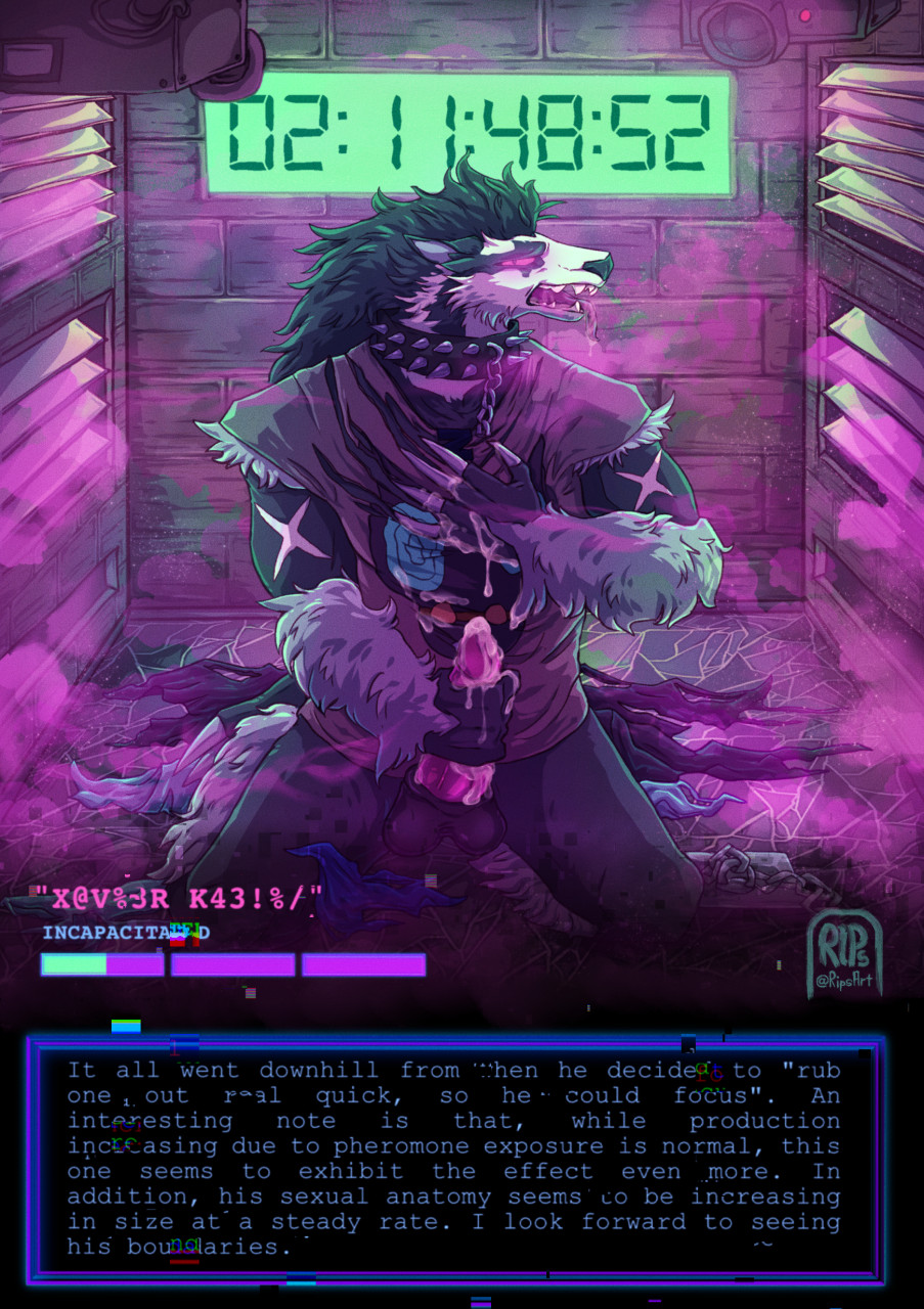 anthro balls bandanna being_watched bodily_fluids camera chain chained clothed clothing collar colored cum cum_on_hand cum_on_penis gameplay_mechanics genital_fluids genitals glitch health_bar hi_res kerchief kneeling looking_at_another male masturbation nintendo obstagoon penile penile_masturbation penis pheromones pink_eyes pok&eacute;mon pok&eacute;mon_(species) purple_penis rips_(artist) solo text text_box timer torn_clothing trapped vent video_games