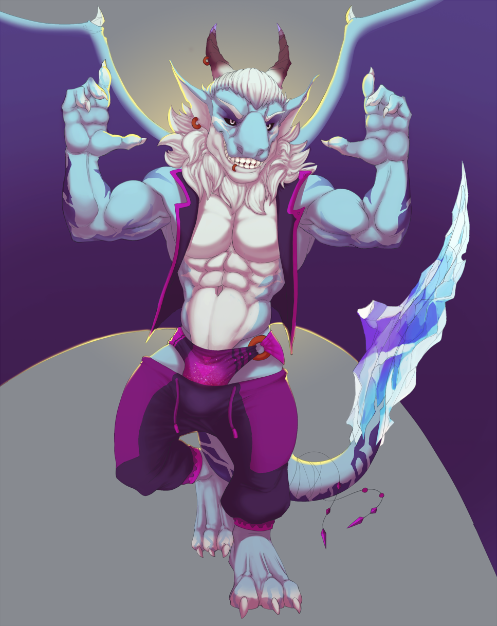 2019 2_horns 3_toes 4_fingers abs anthro arm_markings barefoot belly big_biceps big_deltoids big_muscles big_pecs big_triceps black_sclera blue_body blue_ears blue_face blue_feet blue_fingers blue_hands blue_legs blue_markings blue_scales blue_tail blue_toes bottomwear bristol brown_horn bulge claws clothed clothed_anthro clothed_male clothing clothing_ring colored digital_drawing_(artwork) digital_media_(artwork) dipstick_horn dragon ear_piercing ear_ring eyebrows facial_markings facial_piercing feet fingers front_view full-length_portrait gold_(metal) gold_jewelry gold_ring hair head_horn head_markings hi_res horn horn_jewelry horn_ring humanoid_hands jacket jewelry k/da light lip_piercing lip_ring male male_anthro markings multicolored_horn muscular muscular_anthro muscular_male navel obliques open_clothing open_jacket open_mouth open_smile open_topwear pants pants_down partially_clothed pecs piercing plantigrade portrait purple_bottomwear purple_clothing purple_horn purple_pants purple_speedo ring_(jewelry) scales scalie shaded skimpy smile speedo_ring standing tail_markings toes topwear two_tone_face two_tone_fingers two_tone_toes white_belly white_body white_chest white_claws white_eyebrows white_eyes white_face white_fingers white_hair white_horn white_inner_ear white_markings white_scales white_toes