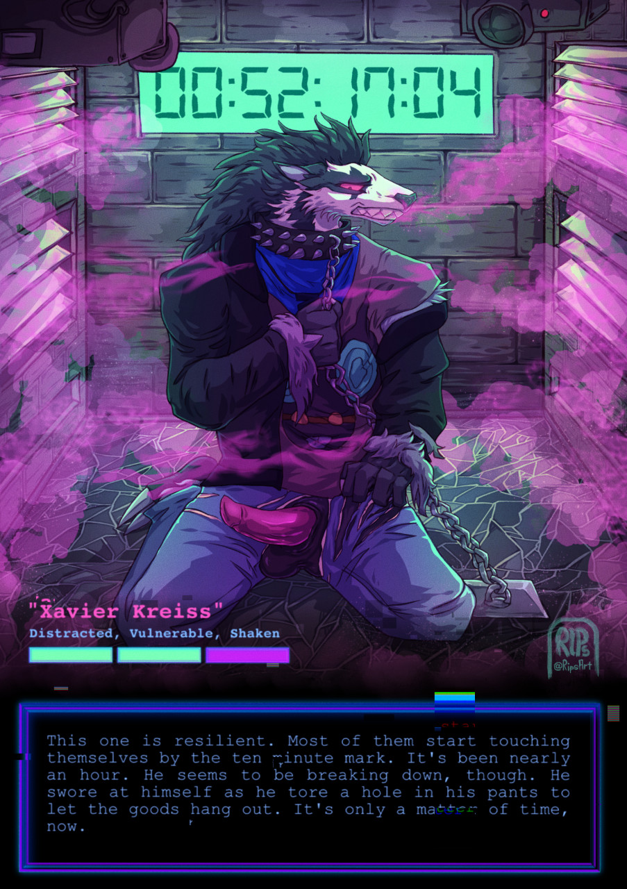 anthro balls bandanna being_watched camera chain chained clothed clothing collar colored english_text gameplay_mechanics genitals glitch health_bar hi_res kerchief kneeling looking_at_another male nintendo obstagoon penis pheromones pok&eacute;mon pok&eacute;mon_(species) purple_penis red_eyes rips_(artist) solo text text_box timer torn_clothing trapped vent video_games worried