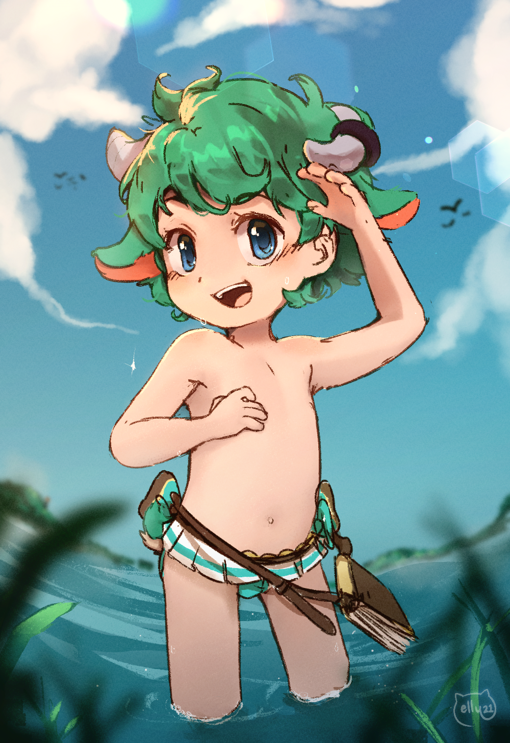 animal_humanoid auvere bikini blue_eyes blush bovid bovid_humanoid caprine caprine_humanoid child clothed clothing crossdressing girly goat_humanoid green_hair hair hi_res horn humanoid looking_at_viewer male mammal mammal_humanoid navel nipples open_mouth outside partially_submerged solo swimwear topless water young