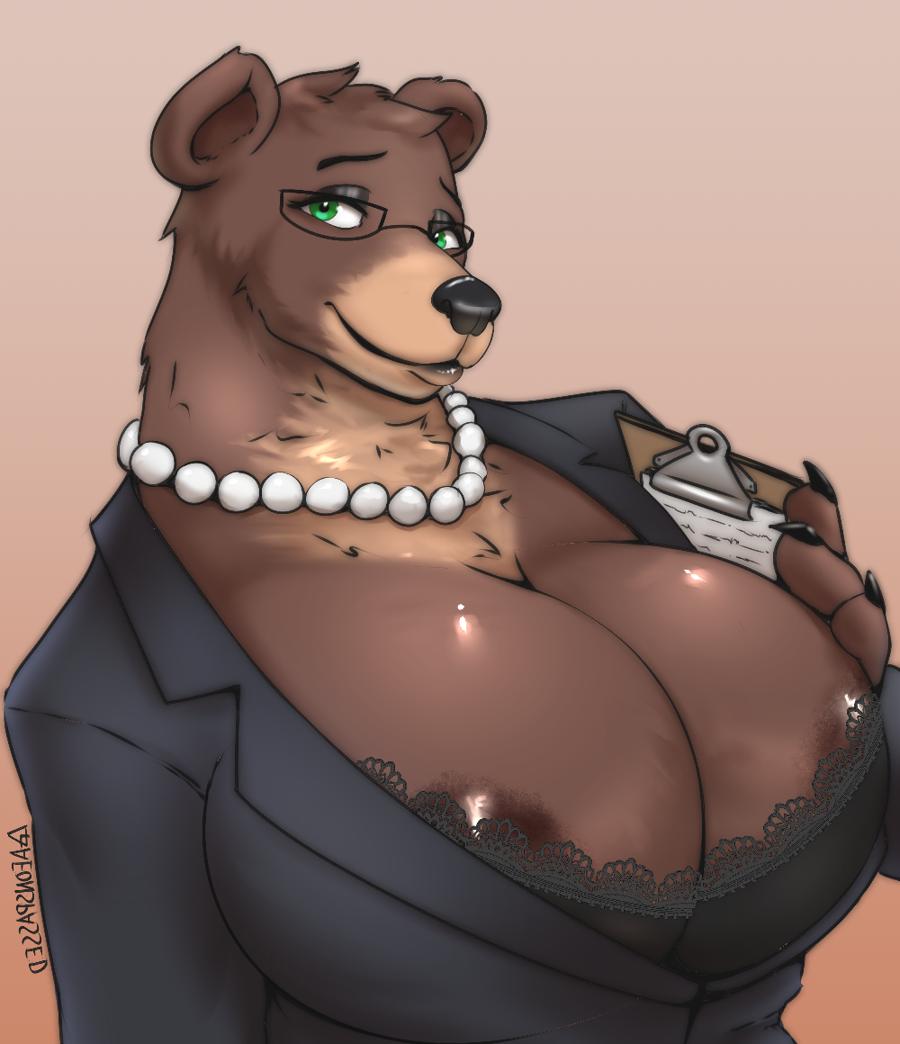 aeonspassed anthro areola areola_slip big_breasts breasts brown_body brown_fur cleavage clothed clothing eyewear female fur glasses green_eyes huge_breasts jewelry looking_at_viewer mammal mature_female necklace simple_background solo ursid