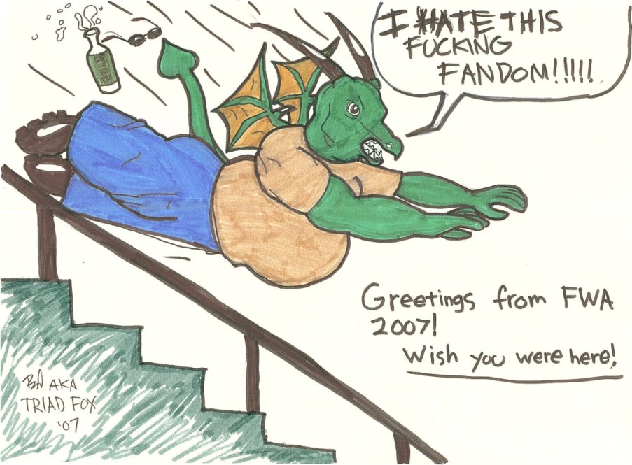 2007 alcohol anthro beverage dialogue dragon english_text eyewear green_body green_scales horn humor male meme scales scalie signature solo stairs suicide suicide_attempt sunglasses text triadfox tumbles_the_stairdragon western_dragon wings