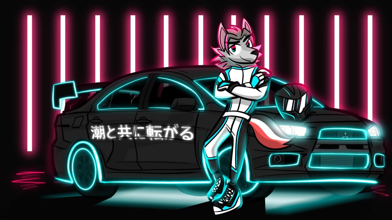 16:9 anthro hans_maybach japanese_text male mitsubishi_lancer neon_lights quiflex race_car racing_helmet racing_suit solo text widescreen