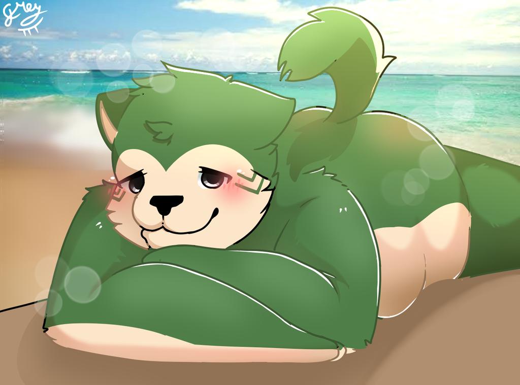 anthro beach blush butt canid canine canis domestic_dog fur green_body green_fur greywolfie24 lifewonders live-a-hero looking_at_viewer lying male mammal mokdai nude nude_beach on_front overweight sand seaside solo video_games